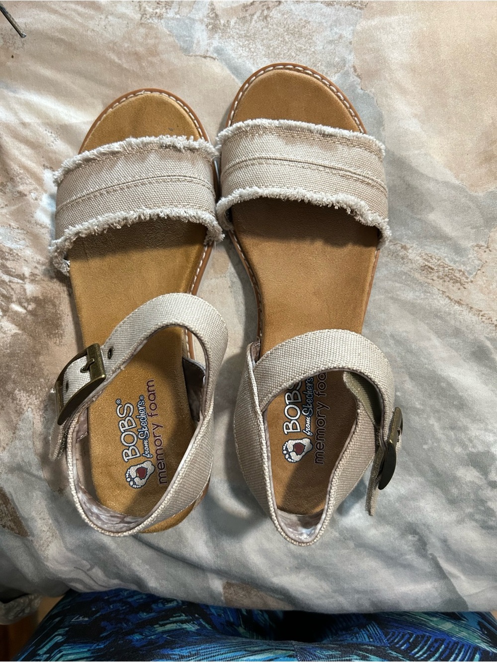 BOBS from Skechers Natural Canvas Frayed Strap Slide Sandals
